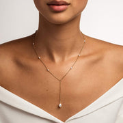 Freshwater Pearl Necklace for Women — 14K Gold Plated Chain, Natural Pearl Pendant on model